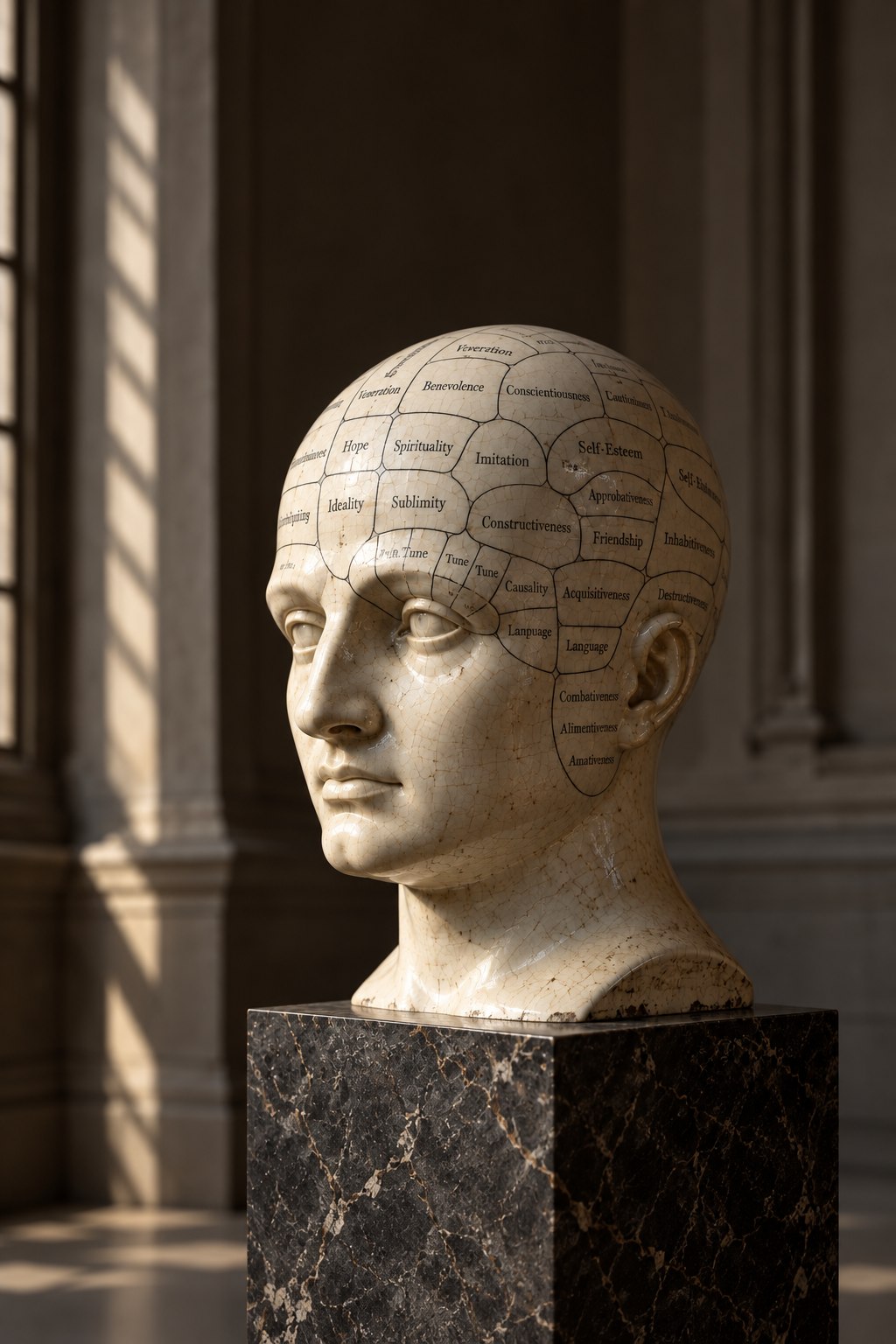 Artistieke interpretatie van een historische Fowler-frenologiebuste, volledig zichtbaar