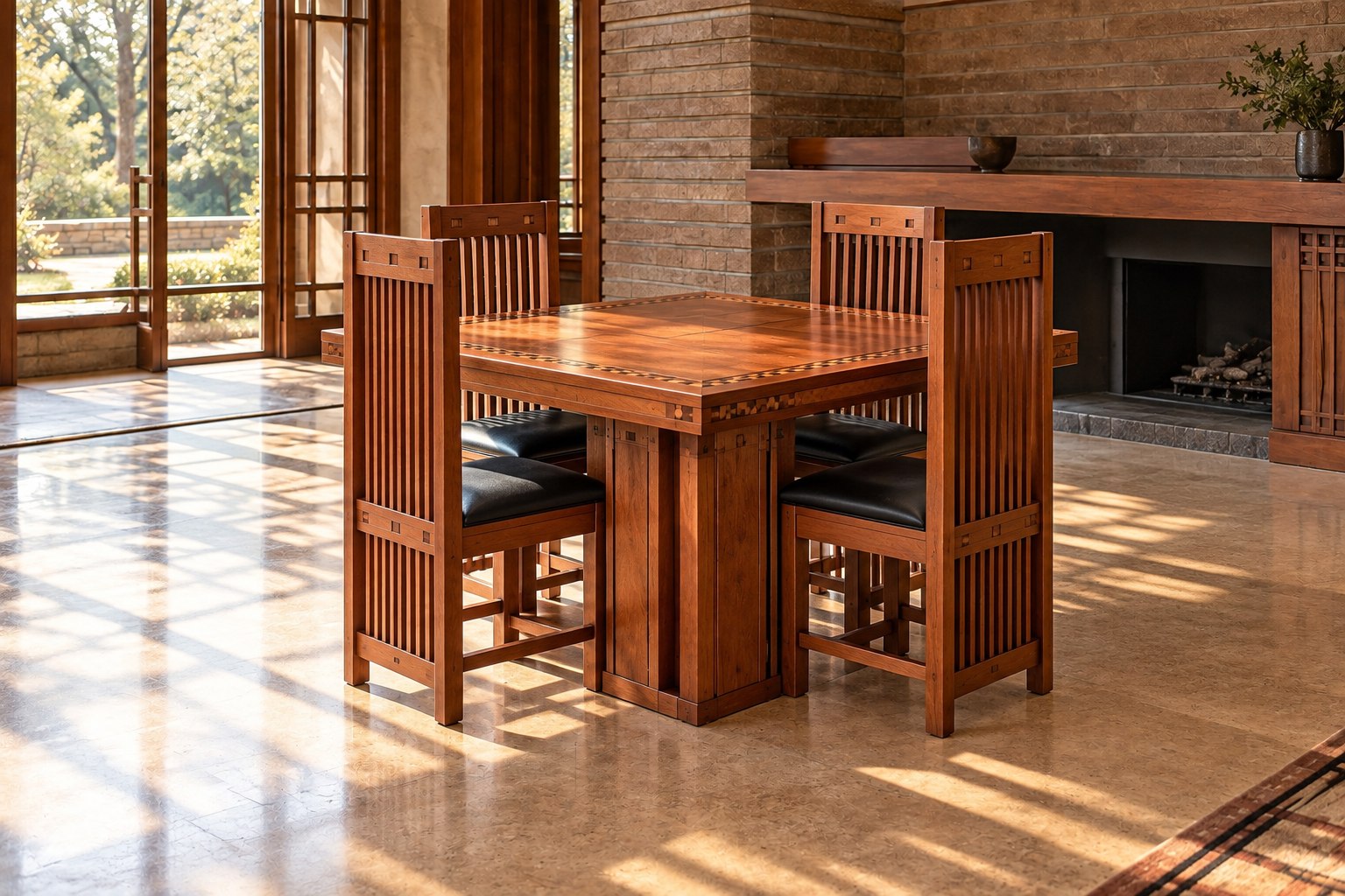 Fotografische interpretatie van een Husser tafel en Coonley stoelen, volledig in beeld en nauwkeurig onder de tafel geplaatst